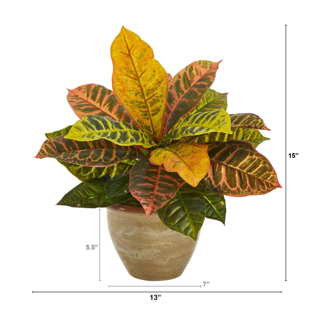 Nearly Natural Garden Croton 15inH Artificial Plant With Ceramic Planter, 15inH x 7inW x 7inD, Orange/Natural