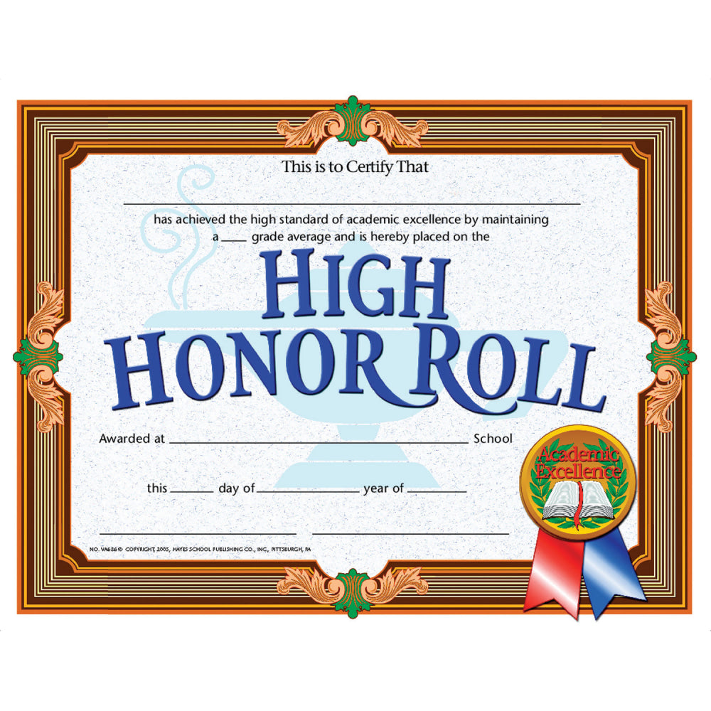 Hayes Certificates, 8-1/2in x 11in, High Honor Roll, Gold, 30 Certificates Per Pack, Set Of 3 Packs