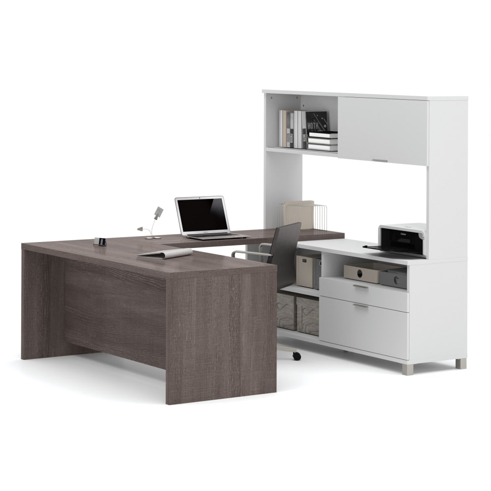 Bestar Pro-Linea 72inW U-Shaped Executive Computer Desk With Hutch, Bark Gray