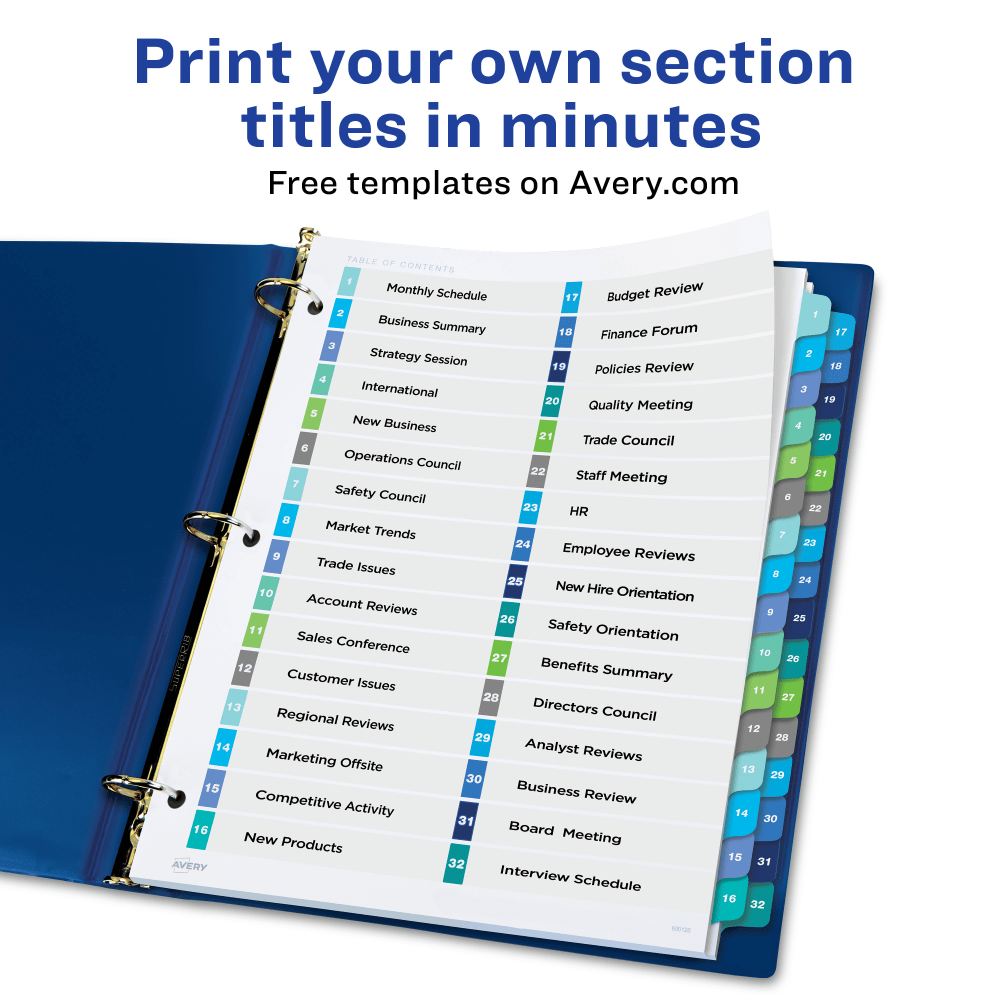 Avery Ready Index 1-32 Tab Double Column Binder Dividers With Customizable Table Of Contents, 8-1/2in x 11in, 32 Tab, White/Multicolor, 1 Set