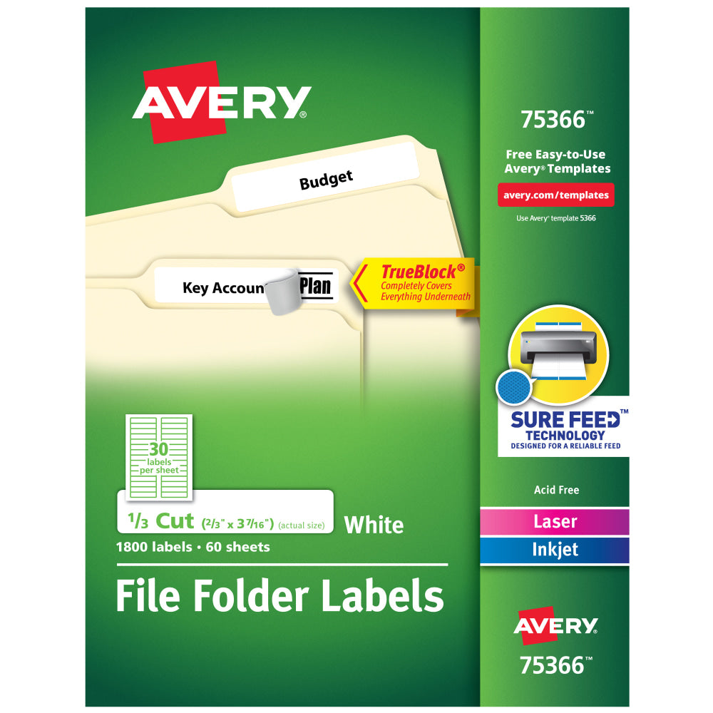 Avery TrueBlock File Folder Labels With Sure Feed Technology, 75366, Rectangle, 2/3in x 3-7/16in, White, Pack Of 1,800