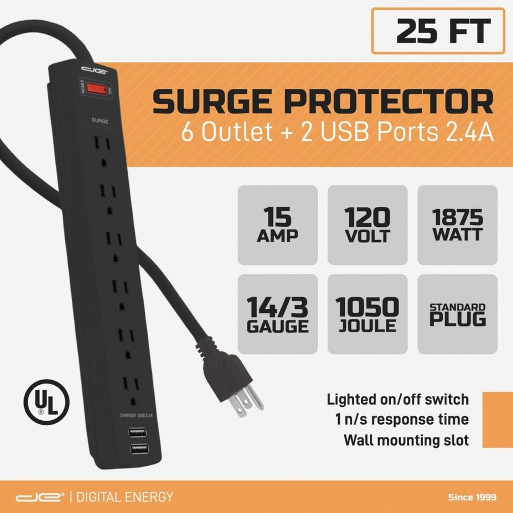 Digital Energy World 6-Outlet Surge Protector Power Strip with 2 USB Ports and 25-Foot Cord (Black) - 6 x AC Power, 2 x USB - 1875 VA - 1050 J - 120 V AC Input - 25 ft