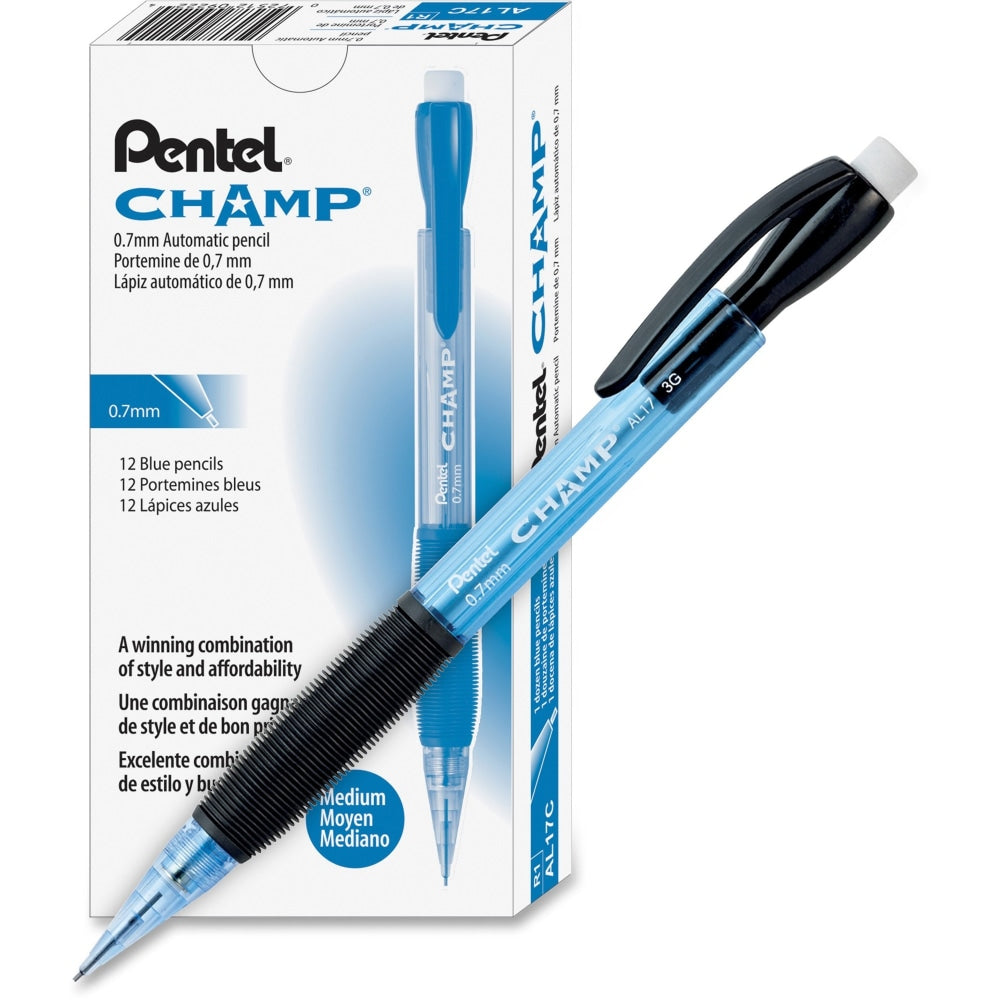 Pentel Champ Mechanical Pencils, #2 Lead, Medium Point, 0.7 mm, Blue Barrel, Pack Of 12