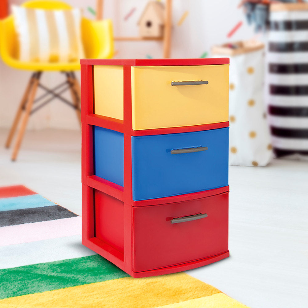 Inval By MQ Polypropylene Resin Storage Cabinet, 3 Drawers, 23-15/16inH x 13inW x 15inD, Blue/Red/Yellow