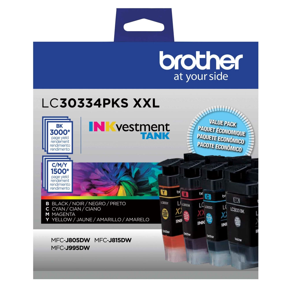 Brother LC3033 Genuine Black; Cyan; Magenta; Yellow High-Yield Multi-Pack Ink, Pack Of 4 Cartridges, LC30334PKS