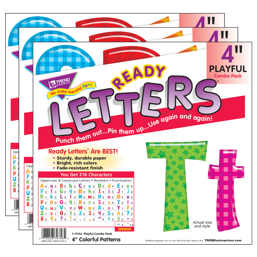 Trend Colorful Patterns Play Combo Ready Letters, 4in, Assorted Colors, 216 Letters Per Pack, Set Of 3 Packs