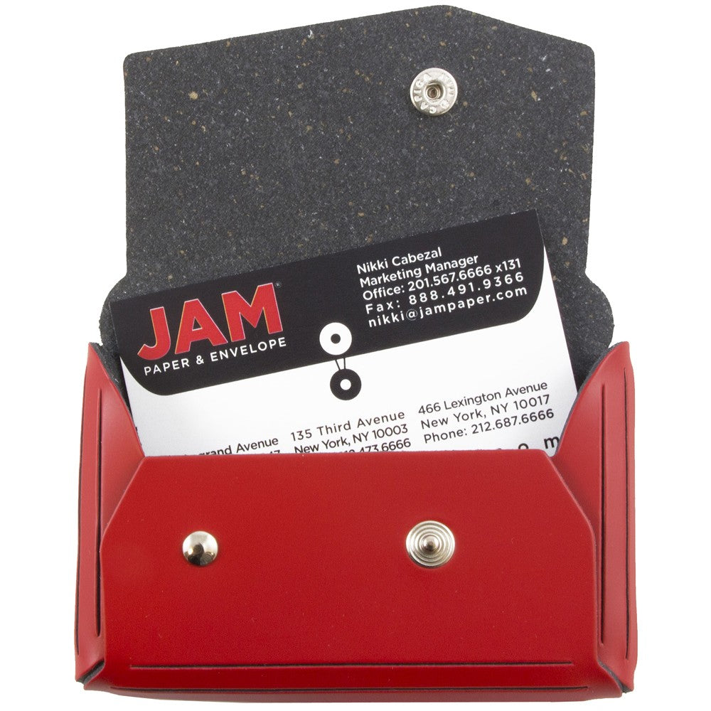 JAM Paper Leather Business Card Case, Angular Flap, 2 1/2in x 4in x 3/4in, Red