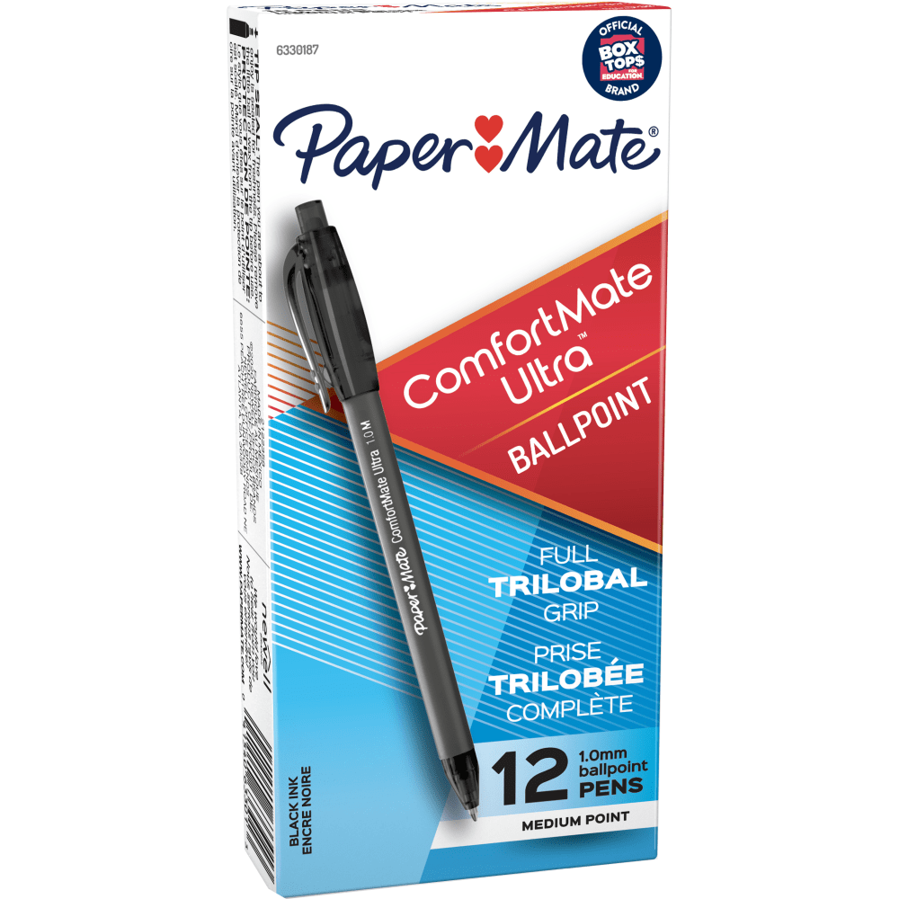 Paper Mate Comfortmate Ultra Retractable Ballpoint Pens, Medium Point, 1.0 mm, Black Barrel, Black Ink, Pack Of 12