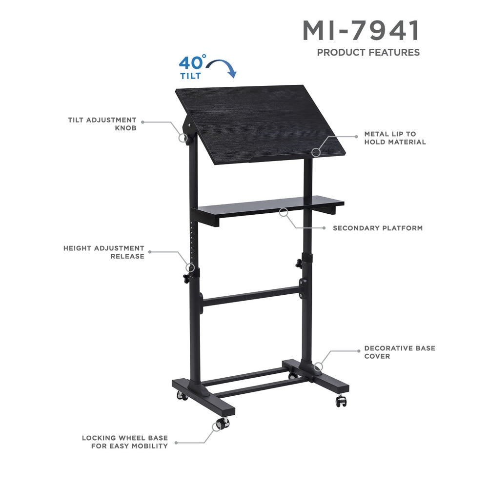 Mount-It! MI-7941Mobile Stand-Up Desk Lectern, 41inH x 20inW x 5-15/16inD, Black