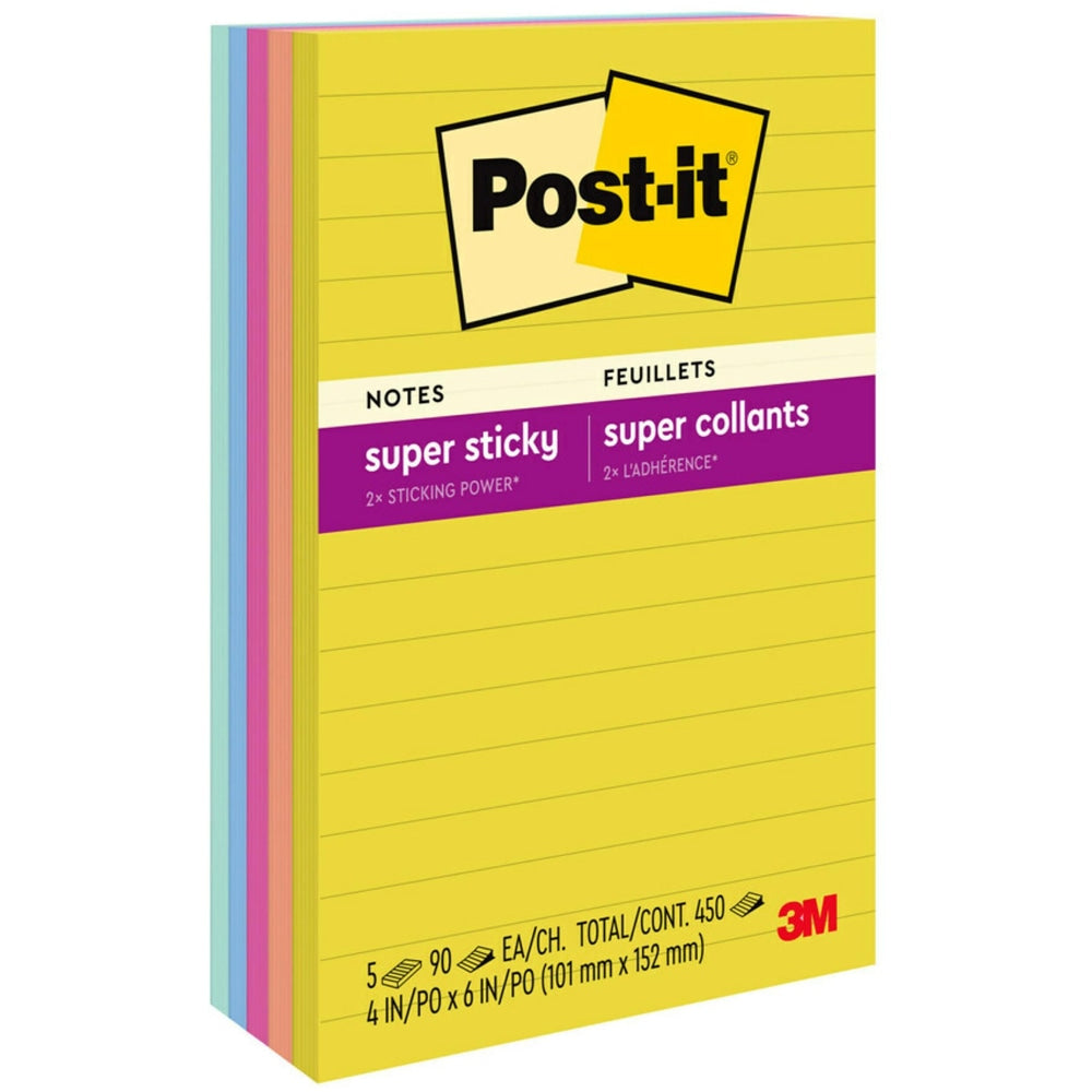 Post-it Super Sticky Notes, 4 in. x 6 in., Summer Joy Collection, Lined, 5 Pads/Pack, 90 Sheets/Pad