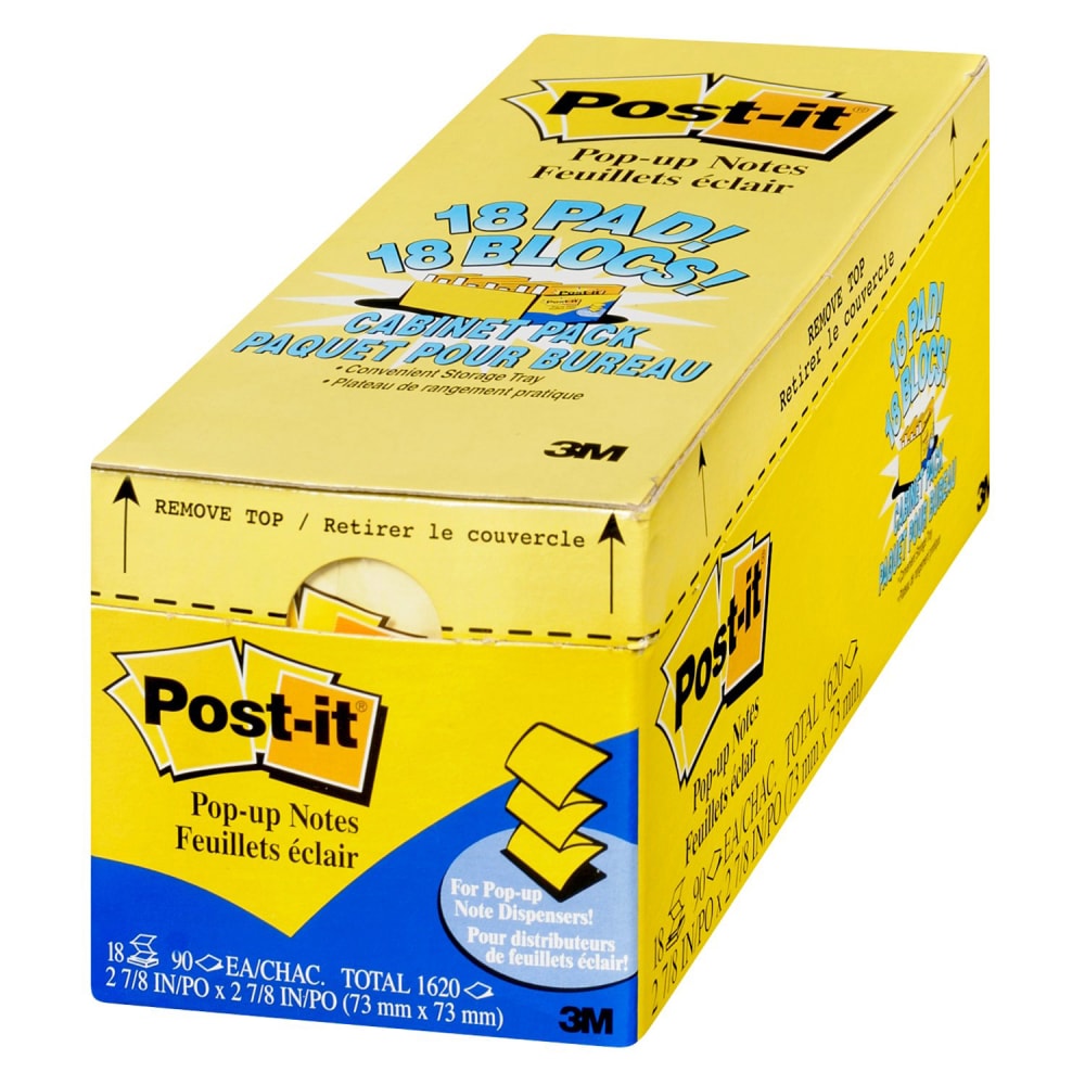 Post-it Pop-up Notes, 3in x 3in, Canary Yellow, 90 Sheets Per Pad, Pack Of 18 Pads