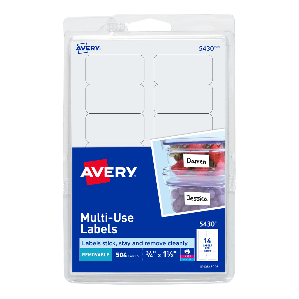 Avery Removable Labels, 5430, Rectangle, 3/4in x 1-1/2in, White, Pack Of 504