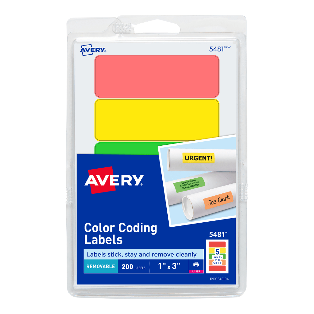 Avery Self-Adhesive Removable Print Or Write Color Coding Labels, 5481, Rectangle, 1in x 3in, Assorted (Green, Orange, Red, Yellow), Pack Of 200