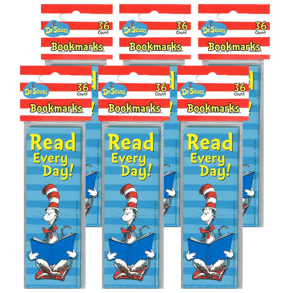 Eureka School Read Every Day Bookmarks, 6in x 2in, Cat in the Hat, 36 Bookmarks Per Pack, Set Of 6 Packs