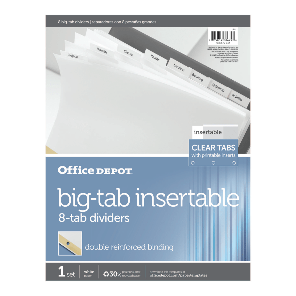 Office Depot Brand Insertable Dividers With Big Tabs, White, Clear Tabs, Set Of 8