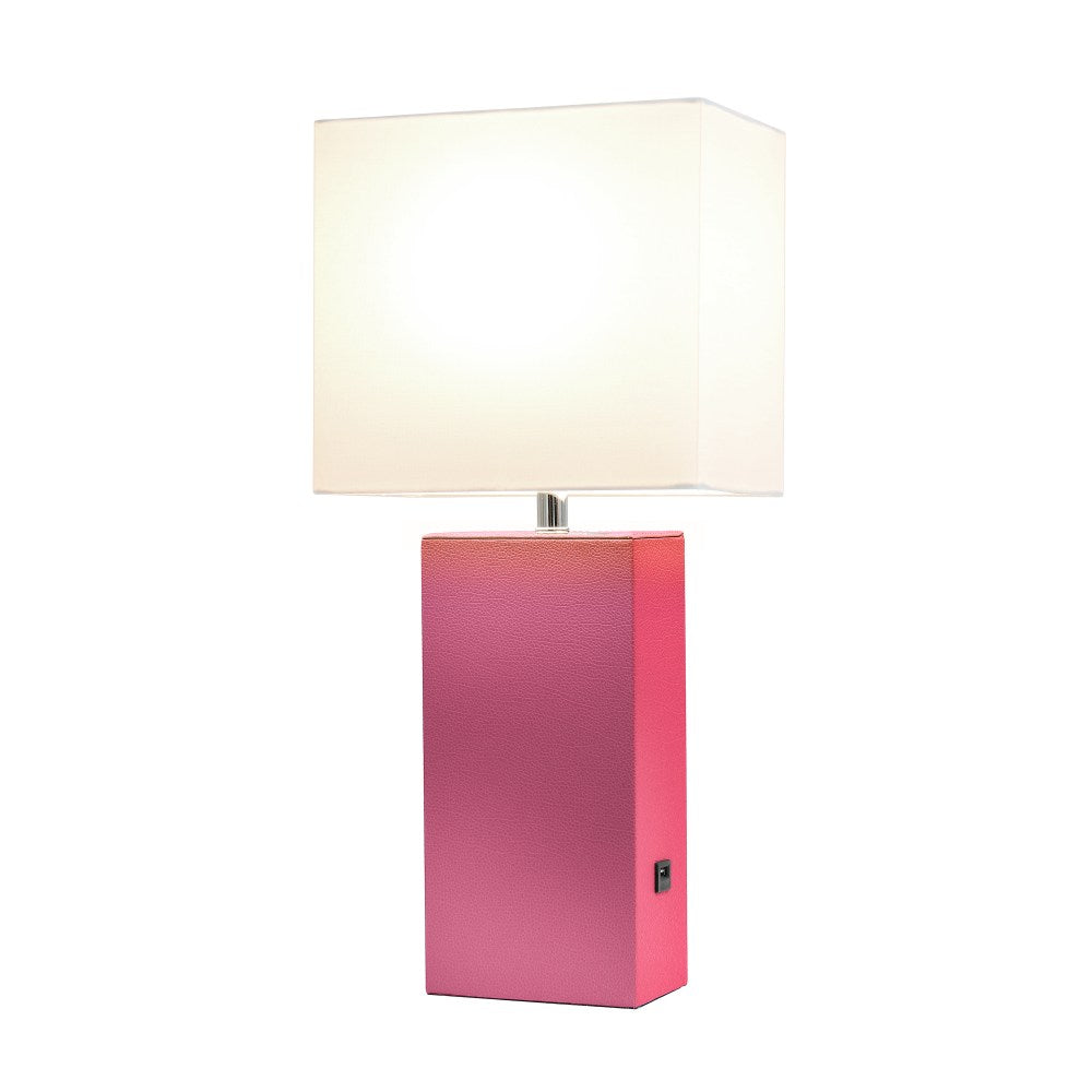 Elegant Designs Modern Leather/Fabric Desk Lamp With USB Port, 21inH, White Shade/Hot Pink Base