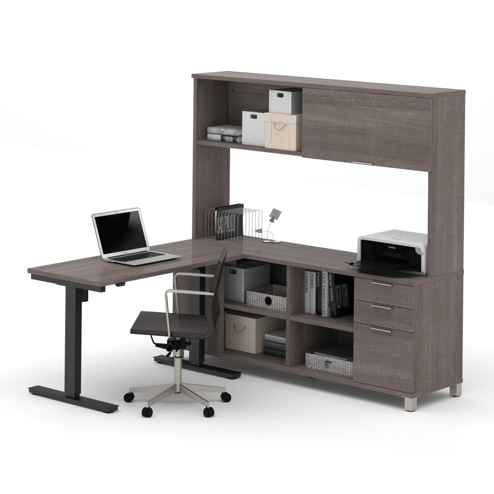 Bestar Pro-Linea 72inW L-Shaped Standing Corner Desk With Hutch, Bark Gray