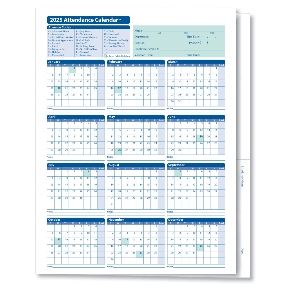 ComplyRight 2024 Attendance Calendar Folders, 9 3/8in x 11 3/4in, White, Pack Of 25