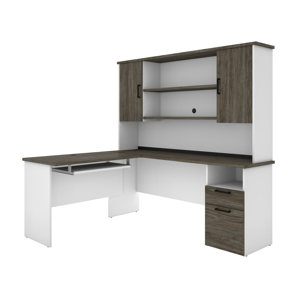 Bestar Norma 71inW L-Shaped Corner Desk With Hutch, Walnut Gray/White