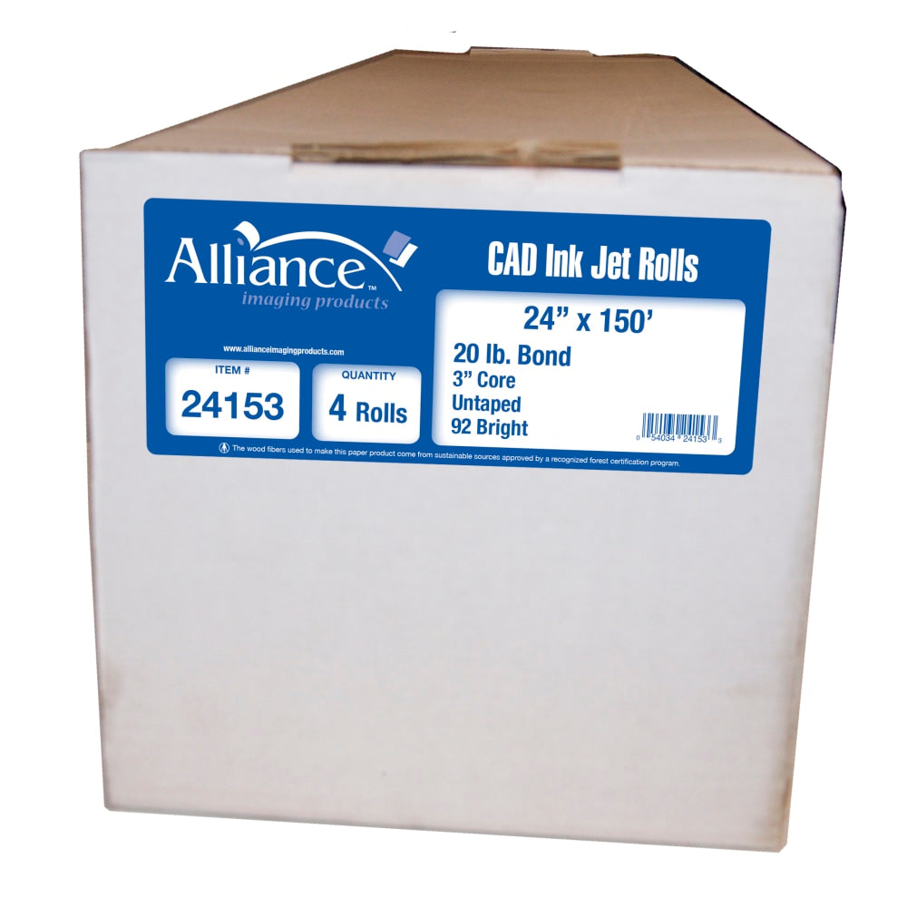 Alliance CAD Bond Paper, 3in Core, 24in x 150ft, 92 Brightness, 20 Lb, White, Pack Of 4 Rolls