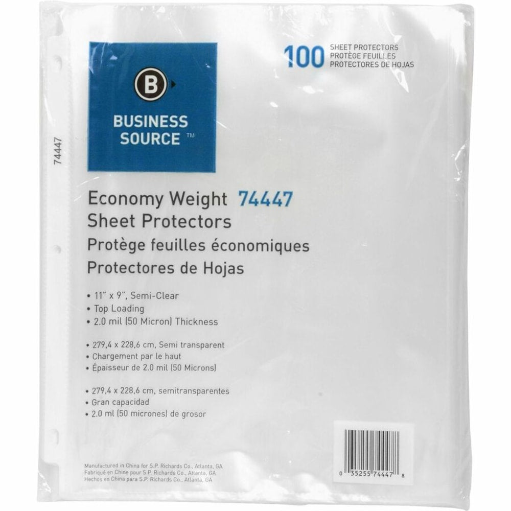 Business Source Economy Weight Sheet Protectors - 11in Height x 9in Width - 2 mil Thickness - For Letter 8 1/2in x 11in Sheet - Ring Binder - Rectangular - Semi Clear - Polypropylene - 100 / Pack