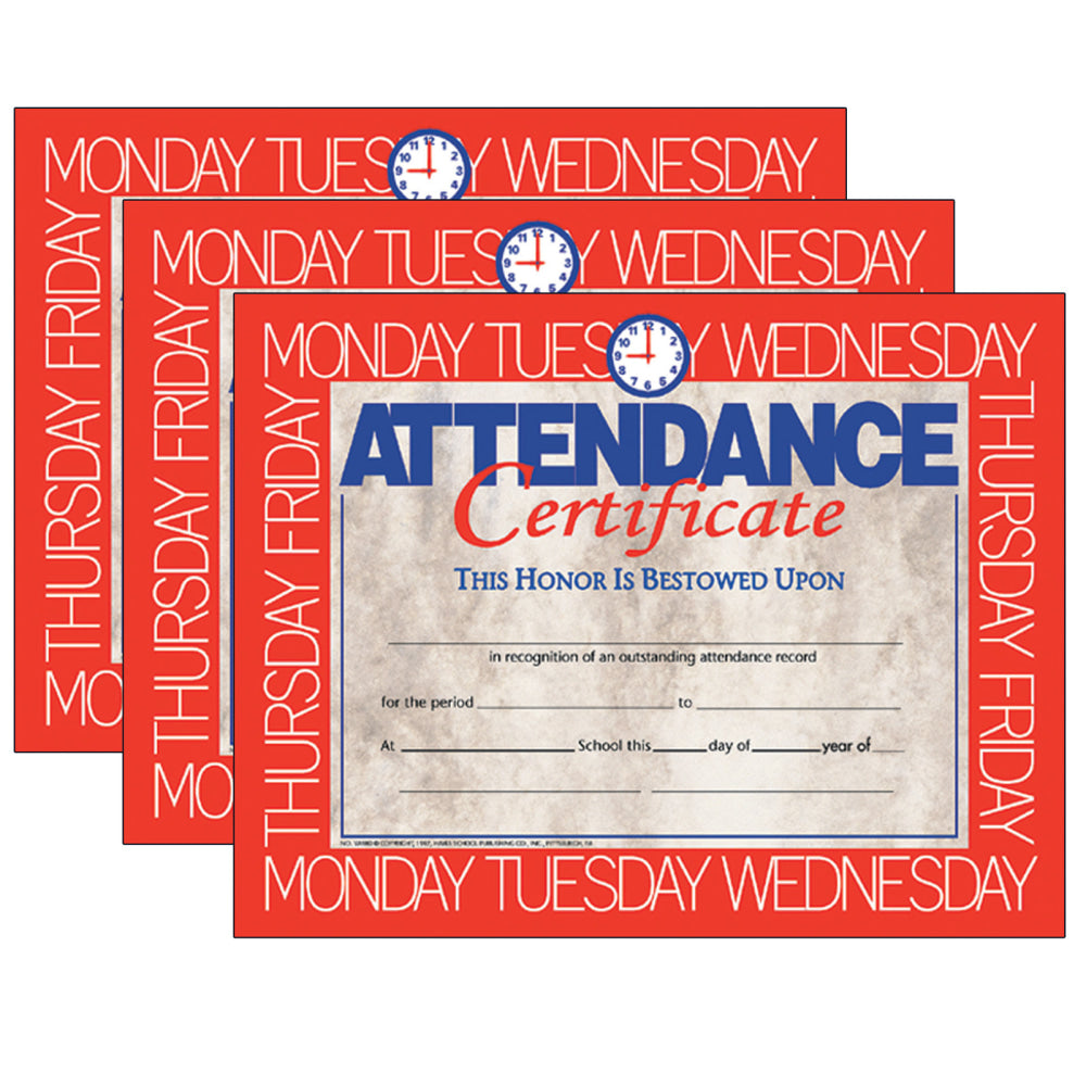 Hayes Certificates, 8-1/2in x 11in, Attendance, 30 Certificates Per Pack, Set Of 3 Packs