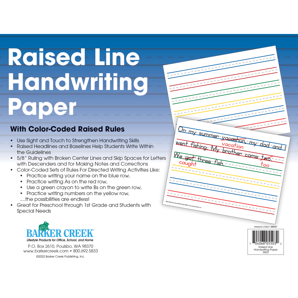 Barker Creek Handwriting Paper, 8-1/2in x 11in, Raised Line, Pack Of 50 Sheets