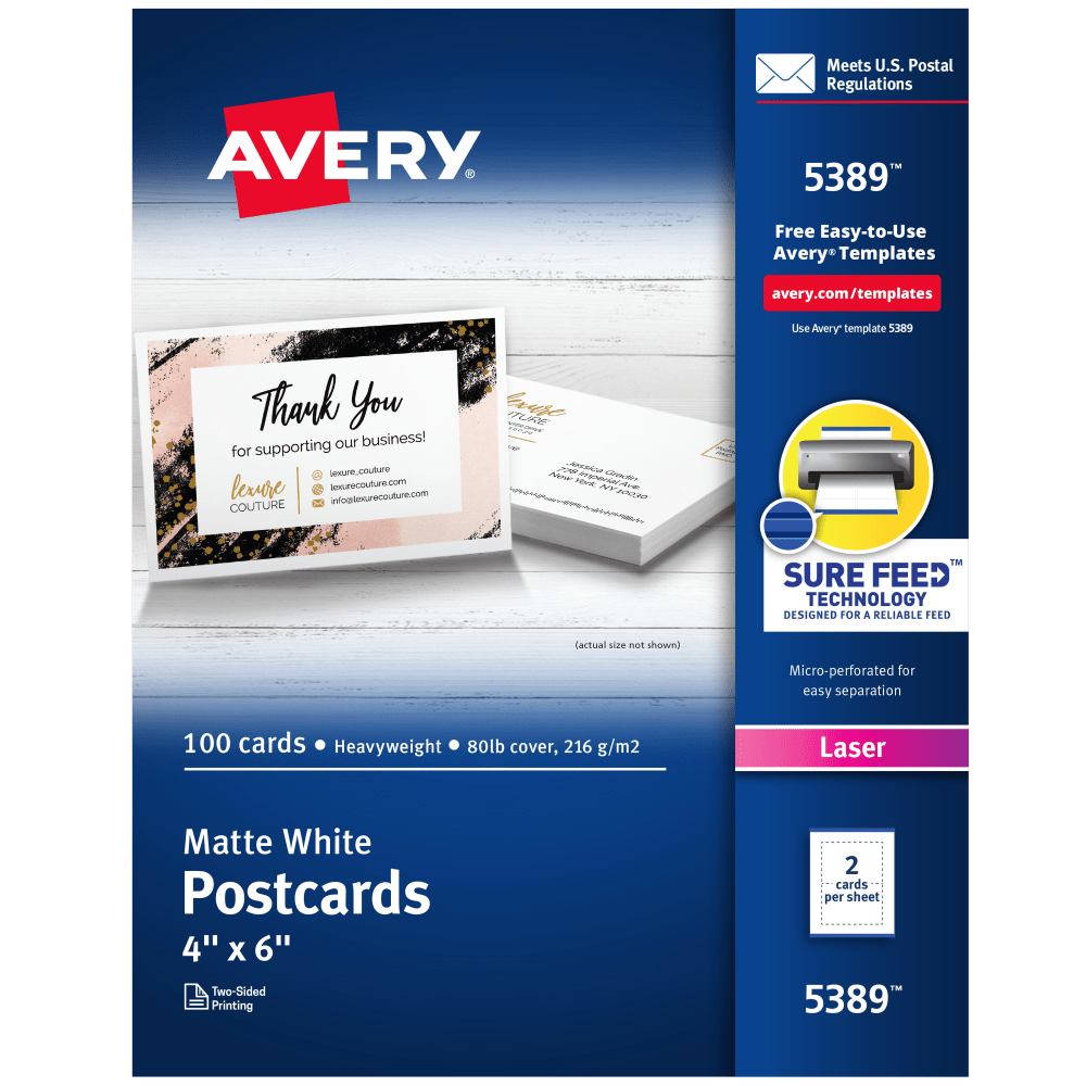 Avery Printable Postcards With Sure Feed Technology, 4in x 6in, White, 100 Blank Postcards