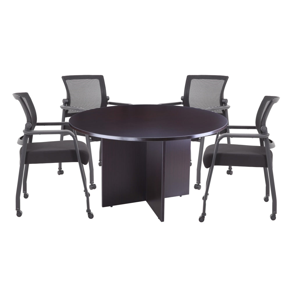 Boss Office Products 42in Round Table And Mesh Guest Chairs With Casters Set, Mocha/Black