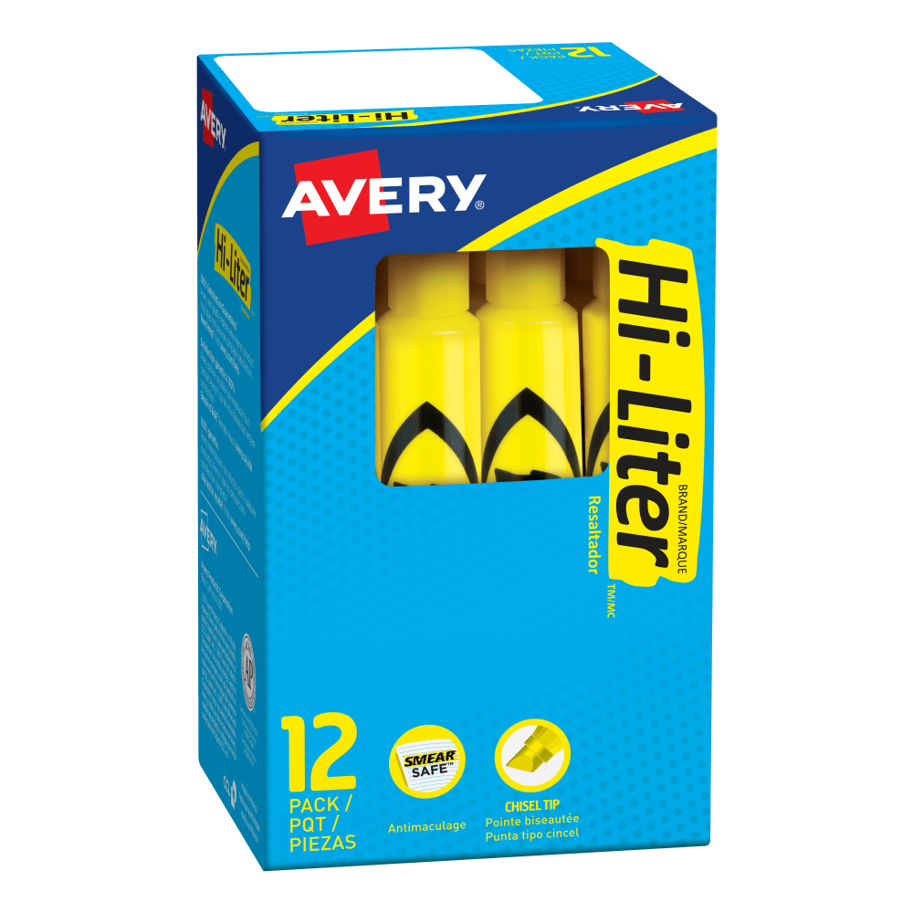 Avery Hi-Liter SmearSafe Highlighters, Chisel Tip, Desk-Style, Yellow, Pack Of 12 Highlighters