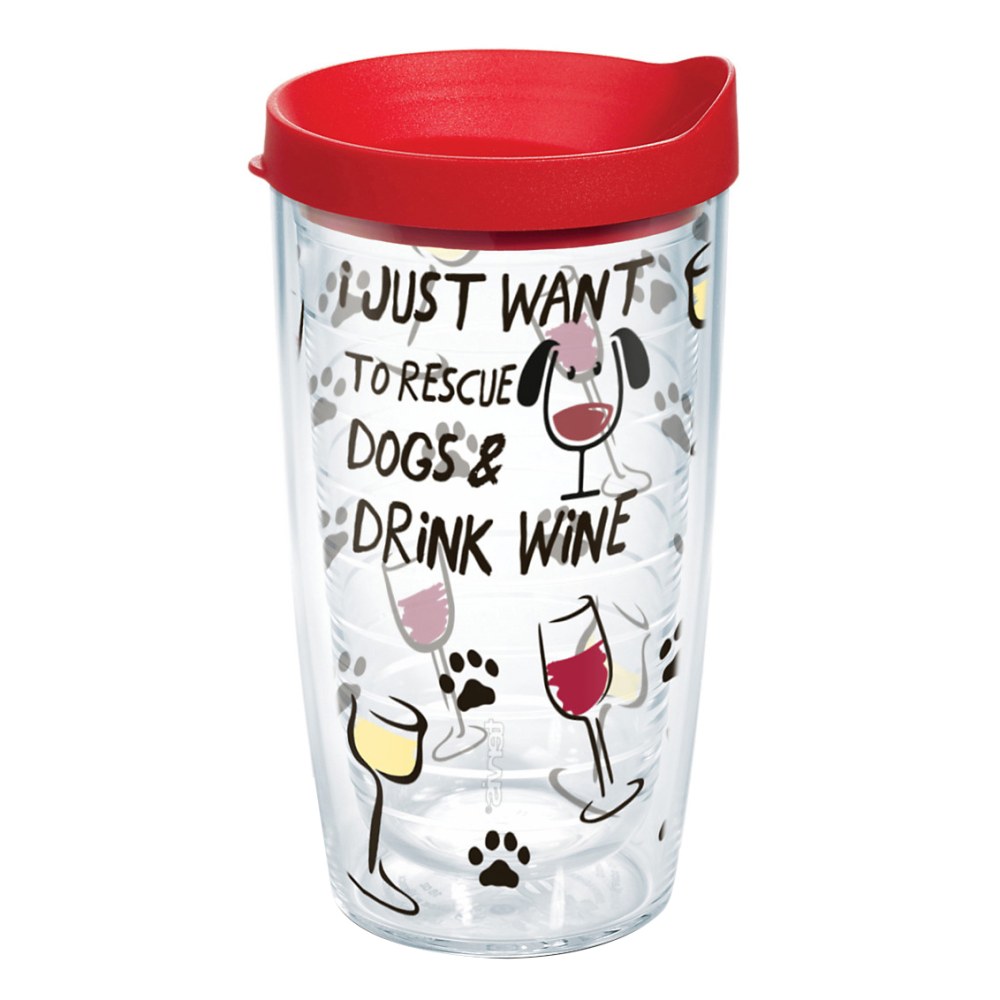 Tervis Project Paws Tumbler With Lid, I Just Want to Rescue Dogs & Drink Wine, 16 Oz, Clear/Red