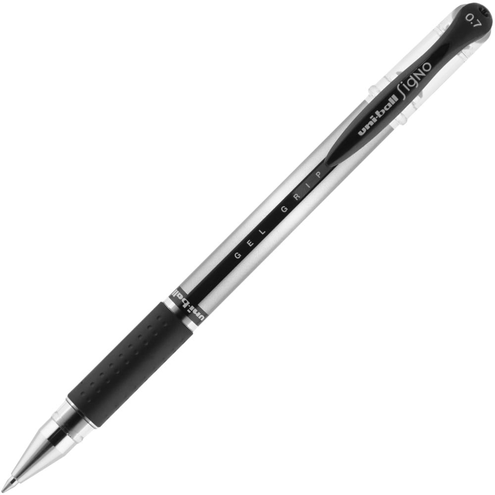 uni-ball Gel Grip Pens, Medium Point, 0.7 mm, Clear Barrel, Black Ink, Pack Of 12