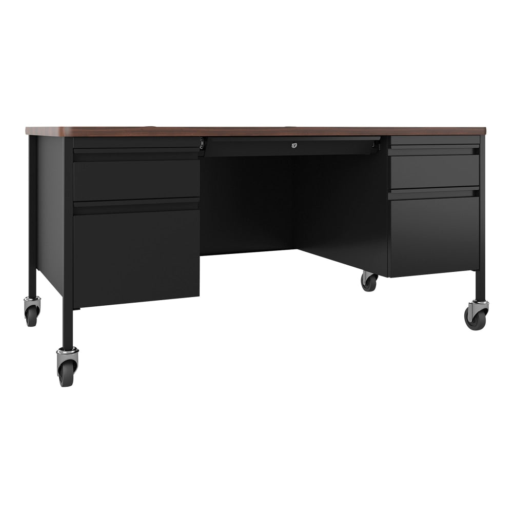 Lorell Fortress 60inW Double-Pedestal Mobile Teachers Computer Desk, Black/Walnut