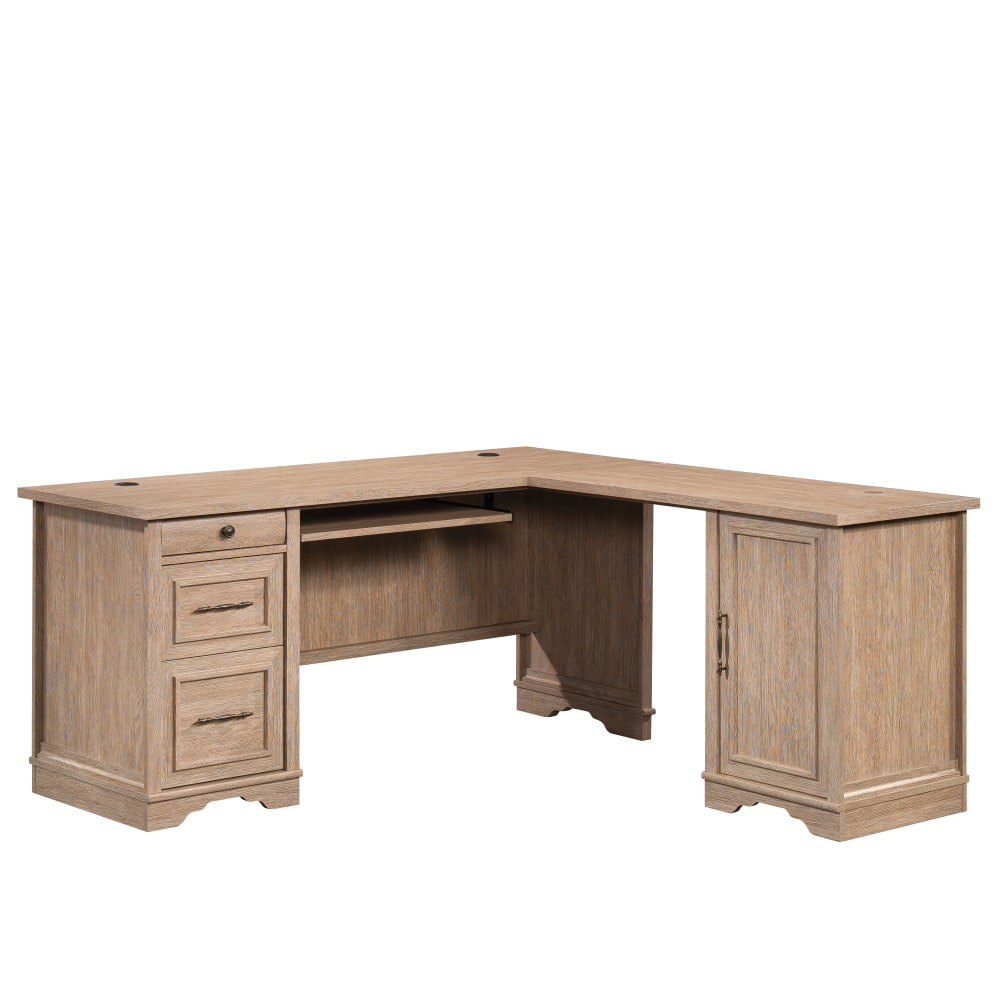 Sauder Rollingwood 66inW L-Shaped Computer Desk With Filing Drawer, Keyboard Shelf And CPU Storage, Brushed Oak