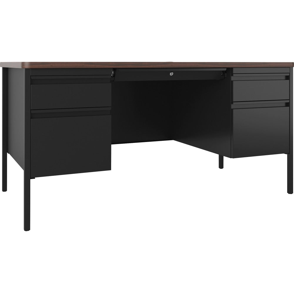 Lorell Fortress Steel 60inW Double-Pedestal Teachers Computer Desk, Black/Walnut