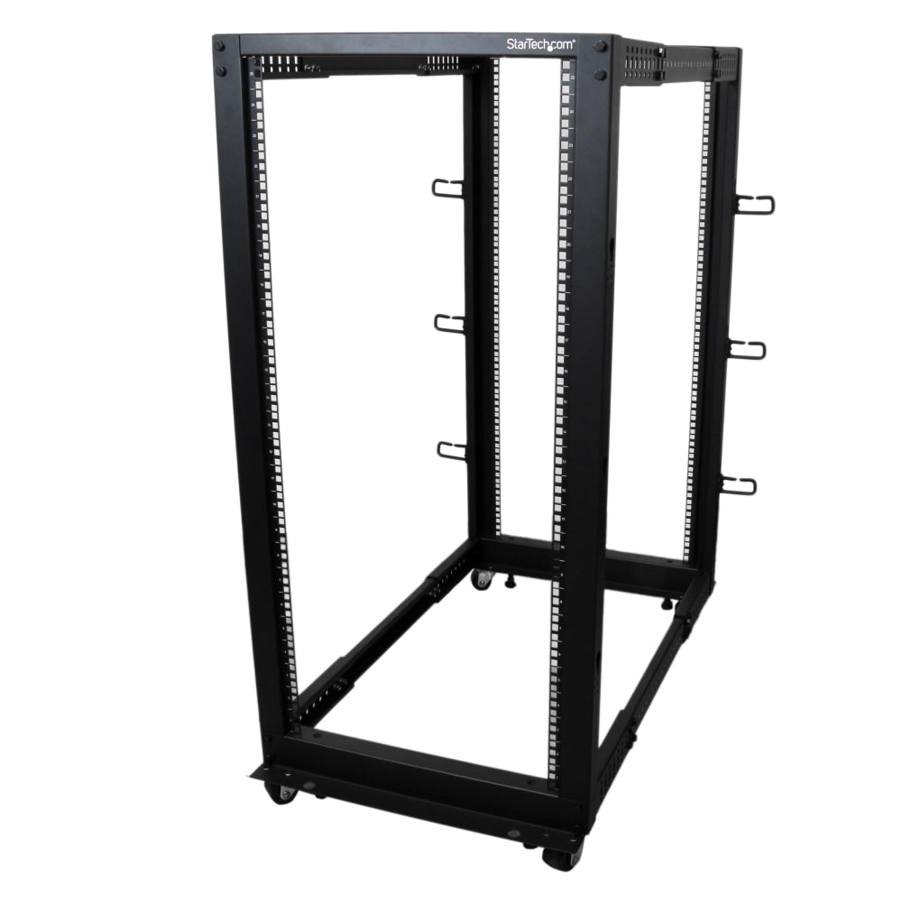 StarTech.com 25U Adjustable Depth Open Frame 4 Post Server Rack w/ Casters / Levelers and Cable Management Hooks - For Server, LAN Switch, A/V Equipment, Patch Panel, KVM Switch - 25U Rack Height x 18.30in Rack Width x 40in Rack Depth - Floor Standing