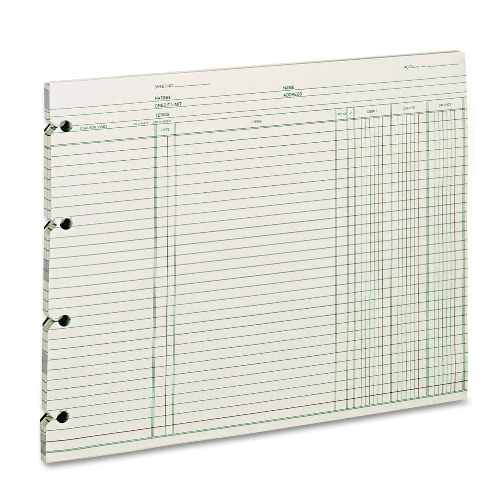 Wilson Jones Ledger Sheets, Ending Balance, 9 1/4in x 11 7/8in, Green, Pack Of 100