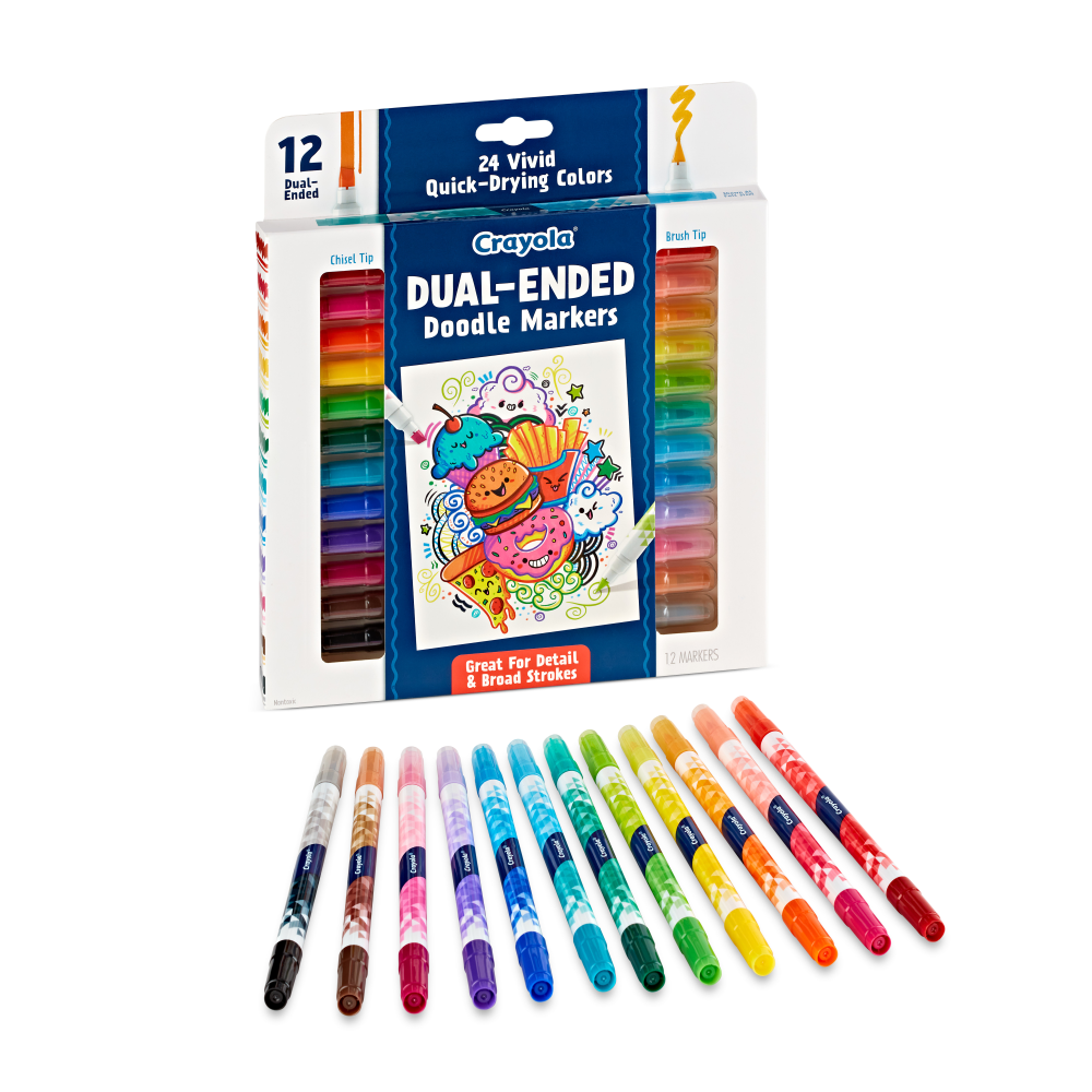 Crayola Doodle & Draw Dual-Ended Doodle Markers, Brush Tip/Chisel Tip, White Barrel, Assorted Ink Colors, Pack Of 12 Markers