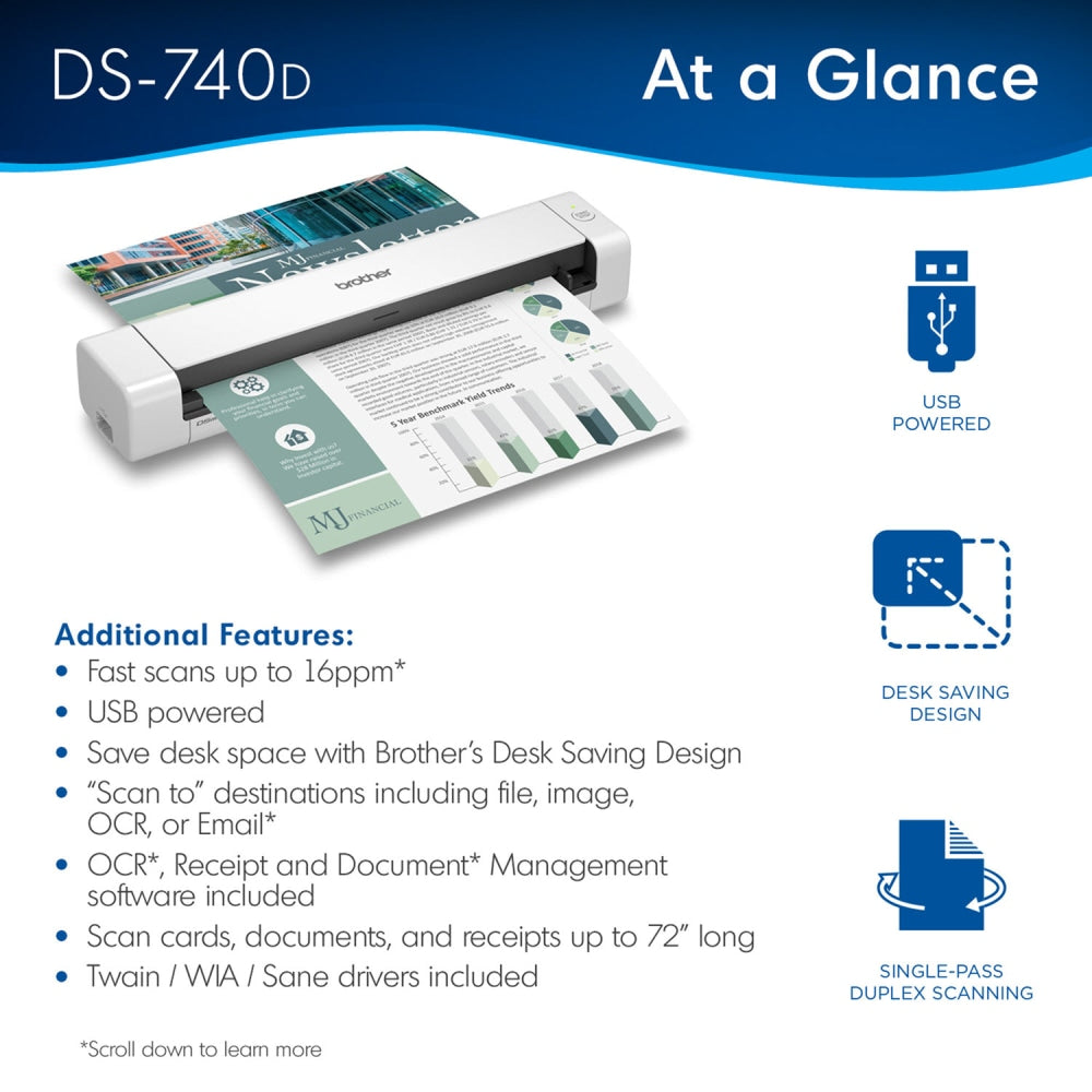 Brother DSmobile DS-740D Duplex Portable Color Document Scanner, 1.8inH x 11.9inW x 2.5inD