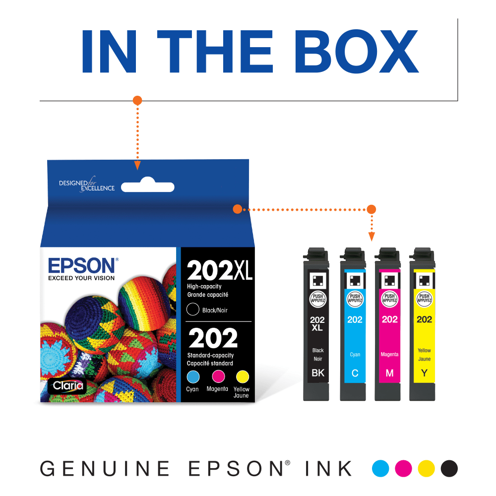 Epson 202XL Black/202 Claria Cyan; Magenta; Yellow High-Yield Ink Cartridges, Pack Of 4, T202XL-BCS