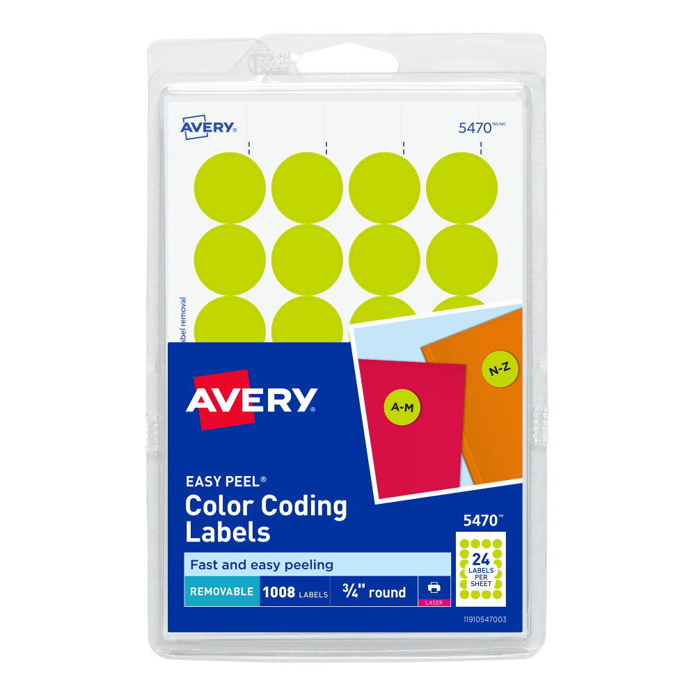 Avery Removable Round Color-Coding Labels, 5470, 3/4in Diameter, Neon Yellow, Pack Of 1,008