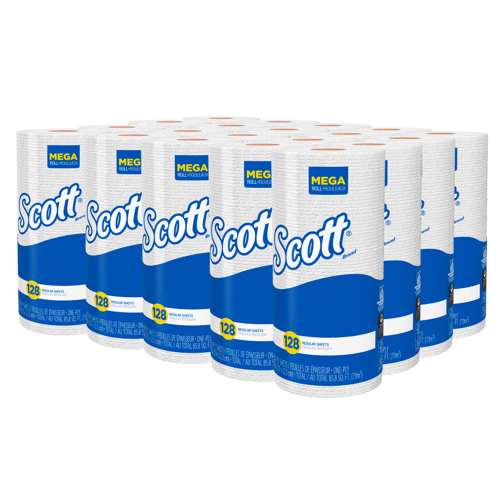 Scott 1-Ply Kitchen Paper Towels, 128 Sheets Per Roll, Pack Of 20 Rolls