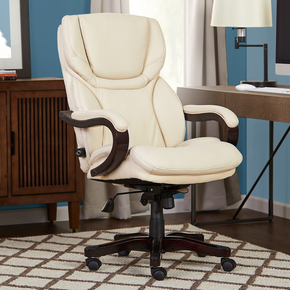 Serta Big & Tall Bonded Leather High-Back Office Chair With Wood Accents, Inspired Ivory/Espresso