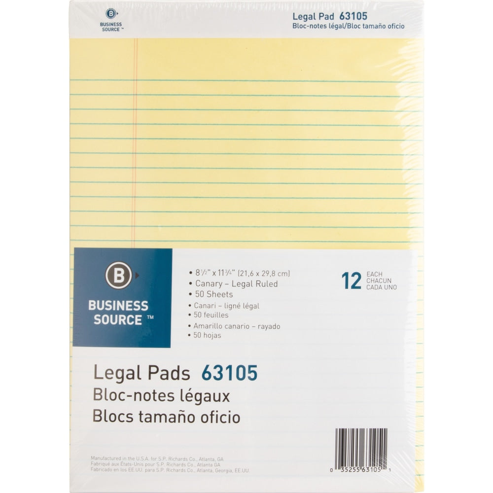 Business Source Micro-Perforated Legal Ruled Pads - 50 Sheets - 0.34in Ruled - 16 lb Basis Weight - 8 1/2in x 11 3/4in - Canary Paper - Micro Perforated, Easy Tear, Sturdy Back - 1 Dozen