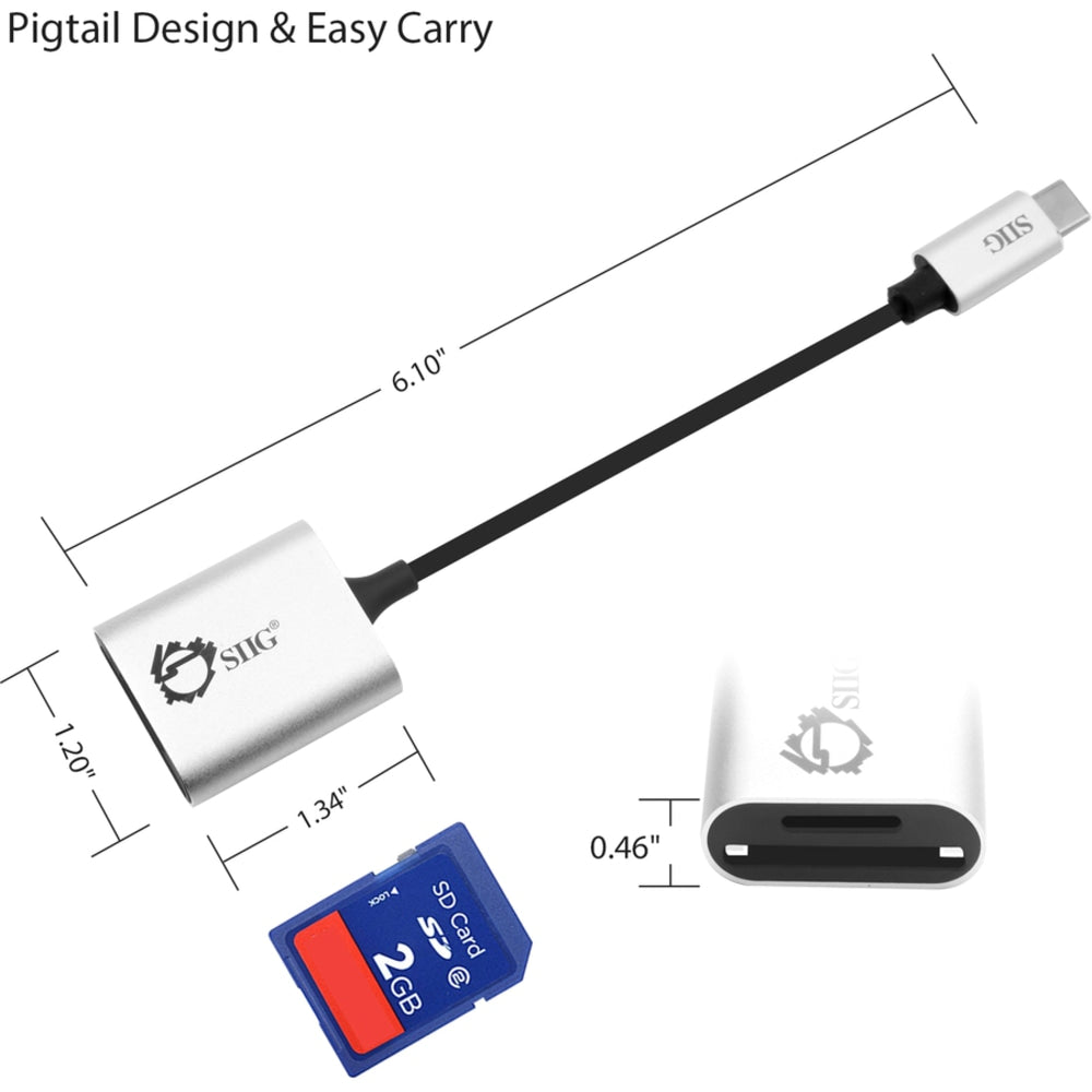 SIIG USB-C 2-in-1 Card Reader for SD & Micro SD - Silver - 2-in-1 - SD, SDHC, SDXC, TransFlash, microSD, microSDHC, microSDXC, MultiMediaCard (MMC) - USB 3.0 Type CExternal