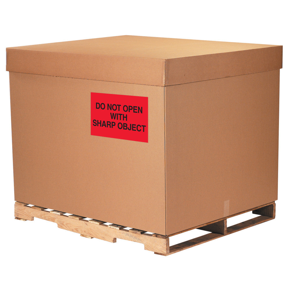 Tape Logic Safety Labels, "Do Not Open With Sharp Object", Rectangular, DL1631, 8in x 10in, Fluorescent Red, Roll Of 250 Labels