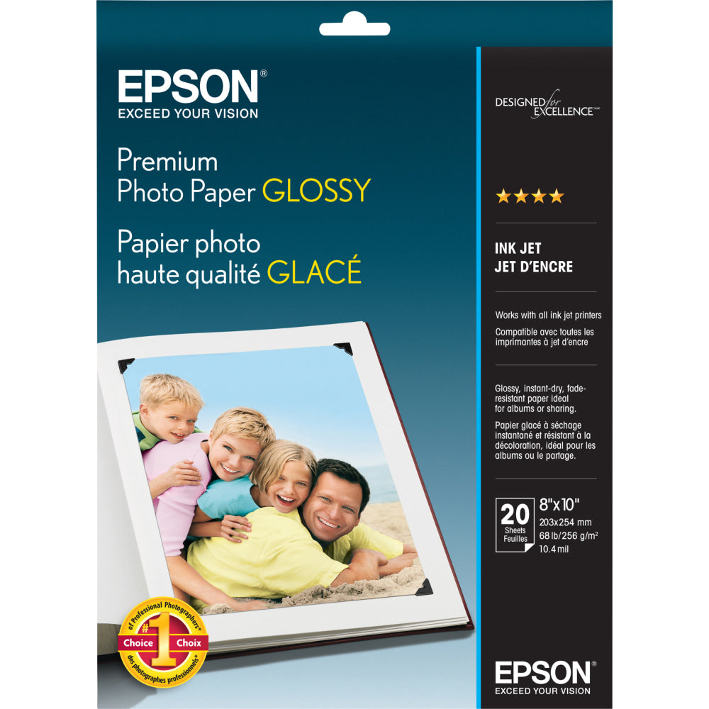 Epson Premium Photo Paper, 8in x 10in, 68 Lb, High Gloss, White, 20 Sheets