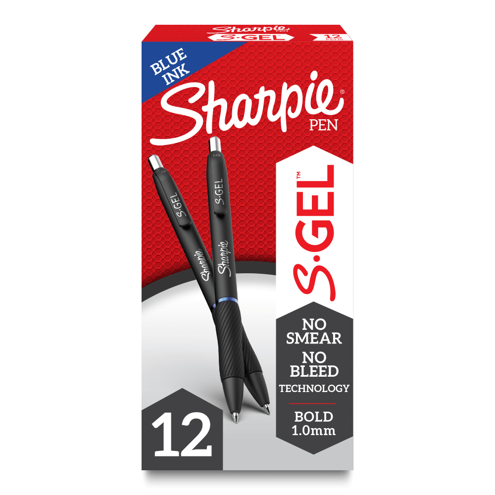 Sharpie S Gel Pens, Bold Point, 1.0 mm, Black/Blue Barrel, Blue Ink, Pack Of 12 Pens