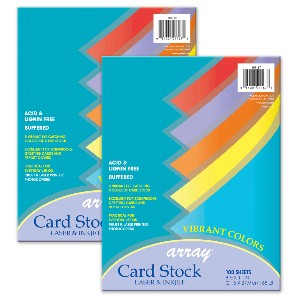 Pacon Vibrant Card Stock, Assorted Colors, Letter (8.5in x 11in), 65 Lb, 2 Packs Of 100