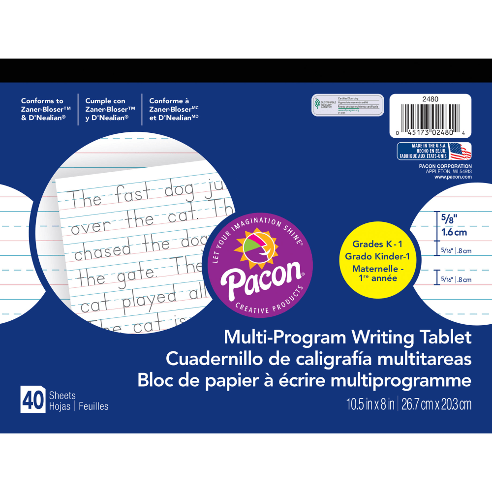 Pacon Multi-Program Handwriting Tablets, 5/8in Ruled, 10-1/2in x 8in, White, 40 Sheets Per Tablet, Set Of 12 Tablets